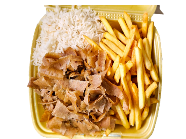 PLATO CON CARNE  , ARROZ Y PATATAS